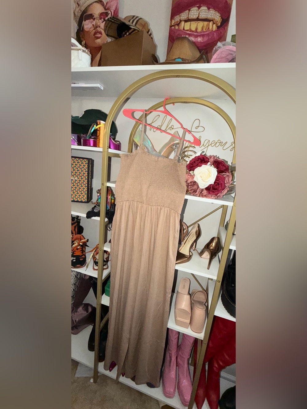 Taupe Smocked Wide Leg Jumpsuit With Pockets-large - Picture 3 of 5